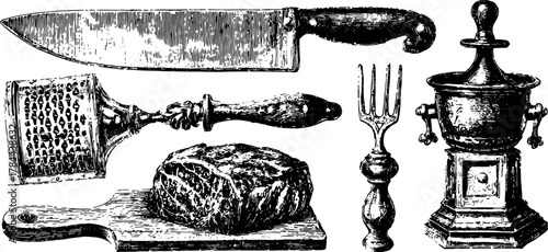 Engraved kitchen tools including knife, fork, and grater. Vintage black outline drawing of culinary equipment vector illustration set.