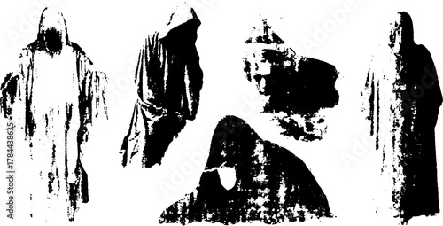 Hooded figures in black robes create a mysterious silhouette. Distressed vector illustration set in a textured monochrome style.