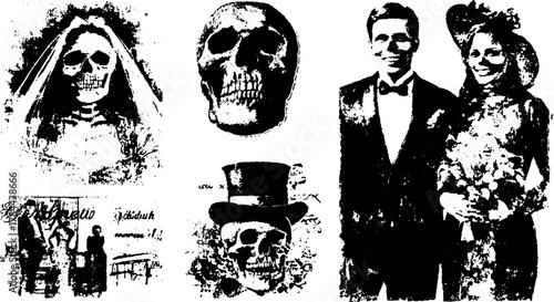 Vintage skull wedding illustration featuring a bride and groom. Black and white vector art with decorative elements in a set.