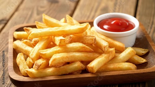 Golden French Fries with Ketchup on Wooden Tray on Rustic Brown Wooden Table Top View Delicious Fast Food Still Life