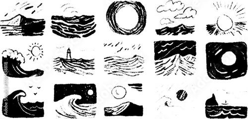 Silhouette ocean waves and sun in a hand-drawn style. Black outline of nature elements, including a lighthouse, set in a scenic vector illustration.