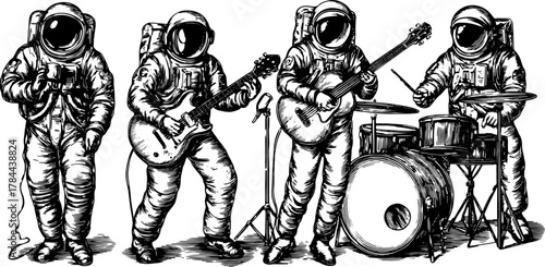 Astronaut band performing in a vintage style. Hand-drawn vector illustration of musicians with guitar and drum set, detailed in a black outline.
