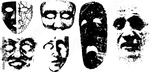 Masks silhouettes in an antique engraving style. Black outlines showcase a vintage vector illustration set.