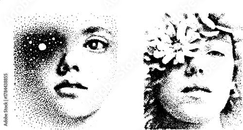 Portraits of women in a black and white graphic style. Modern vector illustration featuring unique textures and patterns enhancing their expression.