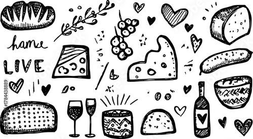 Bread, cheese, and wine illustrated in a simple black and white vector set. This illustration represents casual dining and culinary themes.
