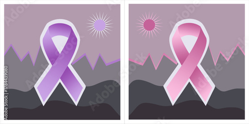 Flat vector illustration of awareness ribbons in pink (representing Breast Cancer) and purple (symbolizing other diseases) with an abstract landscape background featuring mountains and the sun