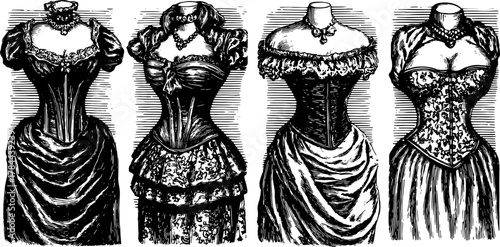 Vintage corsets illustrated in black engraving style. Detailed hand-drawn fashion vector illustration showcasing elegant designs and intricate patterns.