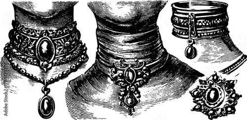 Choker and brooch in vintage engraving style. Hand-drawn jewelry vector illustration set with elegant decorative outlines.