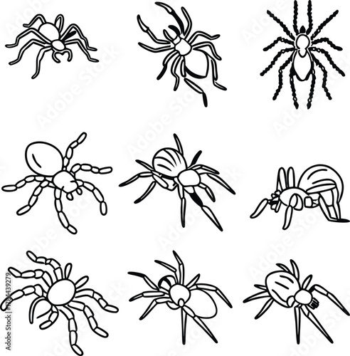 Creepy crawly spider collection, a set of hand-drawn spider designs for Halloween, scary themes, vector origins, perfect for spooky designs and crafts