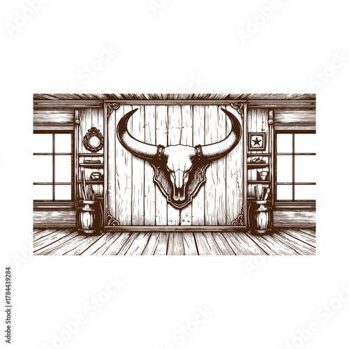 Western Saloon Wall with Longhorn Mount – Vintage Black and White Engraving