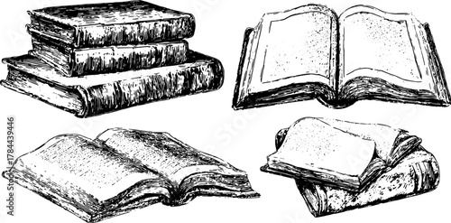 Books in vintage engraving style. Hand-drawn illustrations with outlines and stipple effects for graphic design vector set.