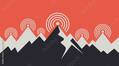 Strong signal from mountain peaks, network connectivity illustration for business or technology projects, vibrant orange and gray color palette