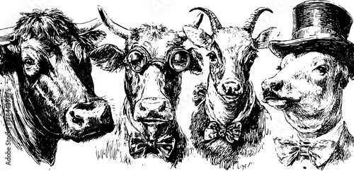 Cow and goat silhouettes in vintage engraving style. Black outline drawing features animals wearing glasses and bowties in a comedic vector illustration set.