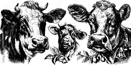 Engraved illustration of cows in a hand-drawn style. Vintage black outline set showcasing domestic animals in a rural setting.