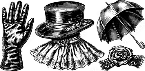 Vintage hat, glove, umbrella, and rose in a decorative set. Detailed engraving in classic black outline style, vector illustration.