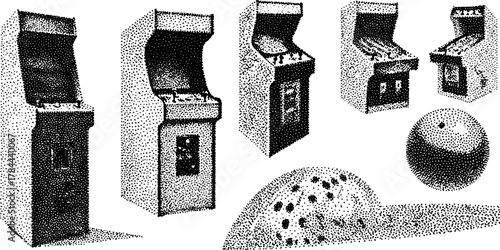 Vintage arcade machine silhouette engraving in black and white. Retro vector illustration set featuring multiple machines.