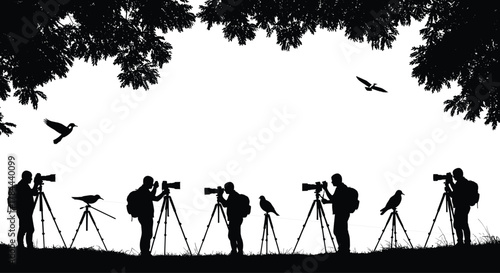 Bird photographers in silhouette, capturing wildlife, tripod setup, forest canopy, flying birds, nature scene, outdoor photography, birdwatching, peaceful moment, natural habitat, scenic view