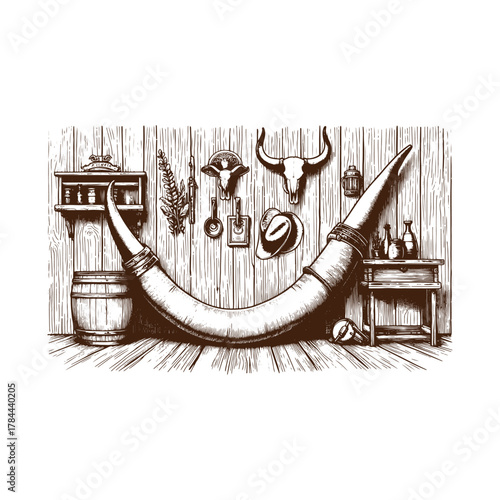 Western Saloon Wall with Longhorn Mount – Vintage Black and White Engraving