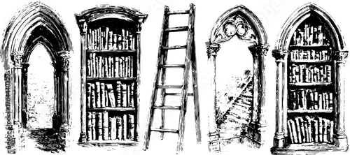 Antique engravings depicting a library scene with columns, bookshelves, and a ladder. This detailed black vector illustration showcases vintage architecture in a classic set.