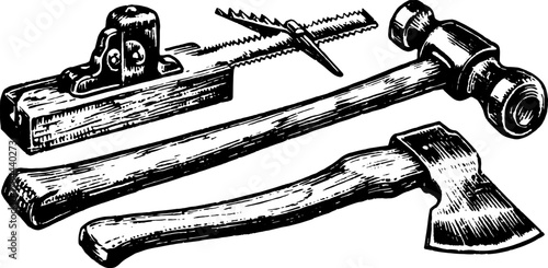 Tools set: hammer, axe, and saw in antique engraving style. Black outline drawing showcases craftsmanship in this vector illustration.