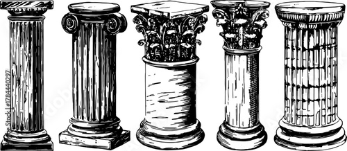 Engraving of classical columns and pillars in black line drawing. Antique vector illustration set showcasing ornate structures and intricate details.