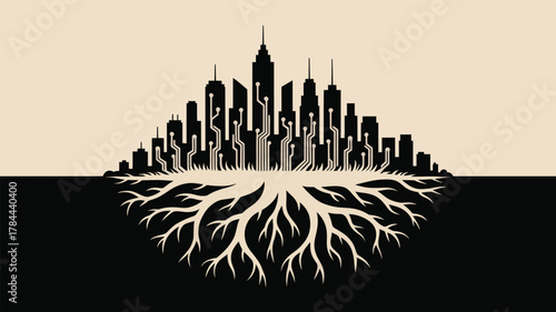 Modern city skyline interconnected with tech roots, symbolizing innovation, growth, and digital infrastructure in a sleek, contemporary design