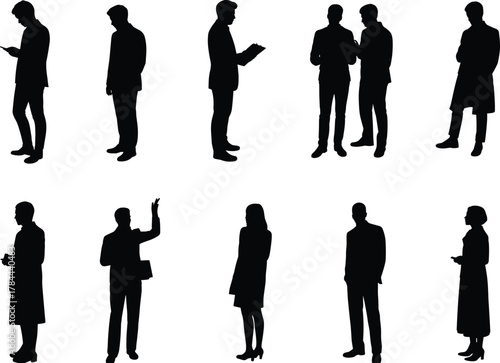 Business silhouettes, professional people, corporate team, standing poses, mobile usage, reading, gesturing, conversation, office attire, teamwork, leadership, communication,