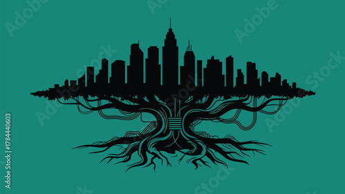 Modern skyline with tree roots evoking growth and resilience, perfect for urban development and environmental themes, set against a teal backdrop