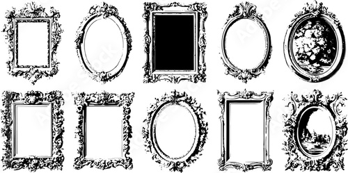 Collection of ornate vintage frames in black and white. Decorative set of vector illustrations for art display.