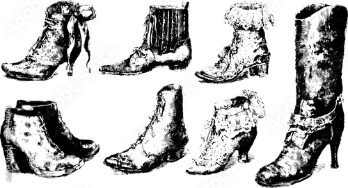 Vintage boots and shoes in a monochrome style. Collection of classic footwear vector illustration showcasing various designs in an elegant set.