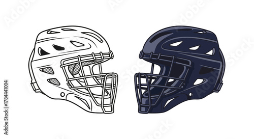 Lacrosse helmet design, one in black and white for coloring, one in blue, perfect for sports equipment marketing or educational materials, created from vector art