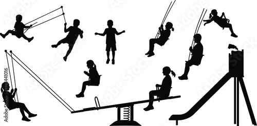 Children playing on swings, seesaw, slide, silhouette illustration, active kids, playground fun, outdoor activity, motion, balance, interaction, childhood joy, black background