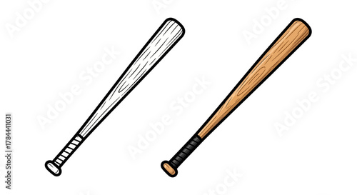Classic baseball bat illustration in color and outline for sports design projects, featuring wood grain and realistic details, perfect for athletic themes