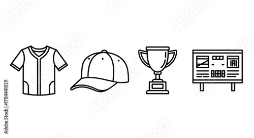 Celebrate Victory with this baseball themed design featuring a trophy, jersey, cap, and scoreboard, perfect for sports enthusiasts and team spirit promotions