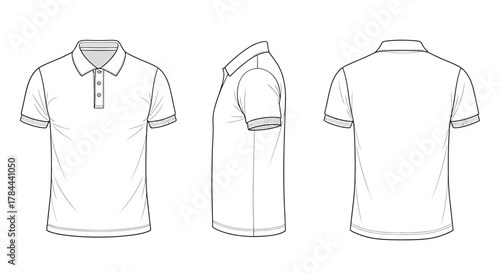 Crisp design of a classic polo shirt, essential for fashion design mockups and apparel industry presentations, showing front, side, and back views