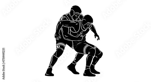 Dynamic wrestling match featuring two determined athletes battling for victory, showcasing strength, agility, and intense competition in a modern vector style