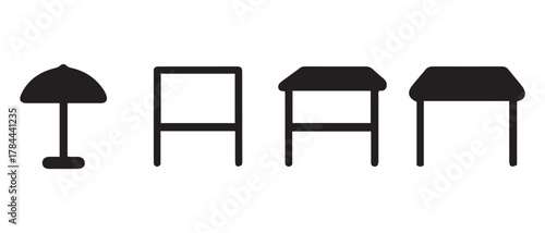 Outdoor icons set. umbrella, open frame, market stall, and shelter.