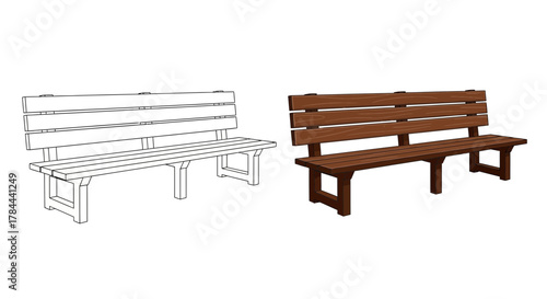 Classic park bench illustration with line art and wood texture, perfect for outdoor design projects or serene landscape scenes, originally a scalable vector graphic