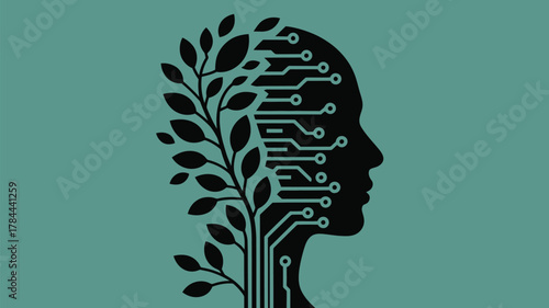 Artificial intelligence concept with human head, circuit board and tree leaves combines technology, nature and mind for innovative solutions