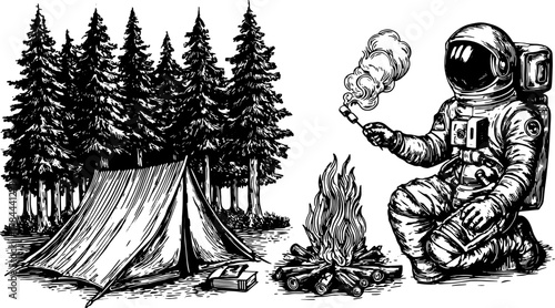 Astronaut by the campfire in a woodland setting. Vintage black outline illustration featuring a tent and trees, perfect for outdoor theme vector.
