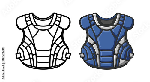 Protective baseball chest gear, illustrated and ready for the game, showcasing both color and line art versions for versatility and creative design projects