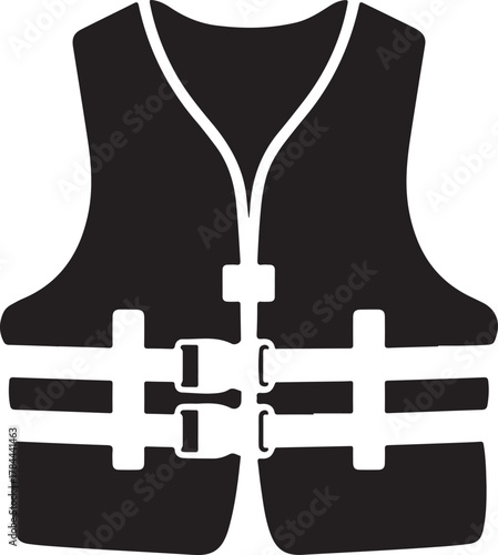 Black life vest vector graphic with straps and buckles for water safety equipment and outdoor recreation