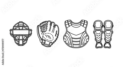 Essential baseball catcher gear outlined for safety and performance, featuring a mask, mitt, chest protector, and leg guards, perfect for game day