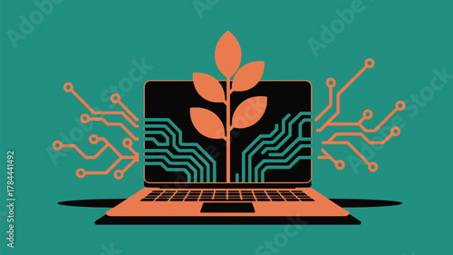 Explore sustainable technology solutions with this modern laptop graphic featuring a vibrant plant growth concept for innovative business strategies