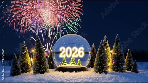 Festive Snow Globe Displaying the Year 2026 with Illuminated Christmas Trees and Fireworks in a Winter Night Scene