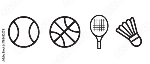 Sport equipment minimal line icons, tennis, basketball, badminton.