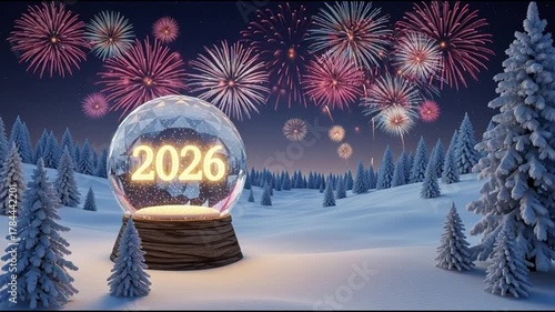Festive Snow Globe Displaying 2026 with Fireworks Over Snowy Forest Scene