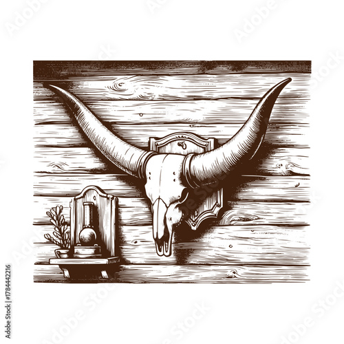 Western Saloon Wall with Longhorn Mount – Vintage Black and White Engraving