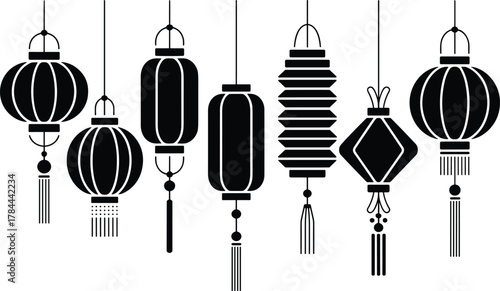 Black silhouette collection of diverse hanging lanterns