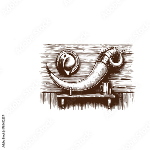 Western Saloon Wall with Longhorn Mount – Vintage Black and White Engraving